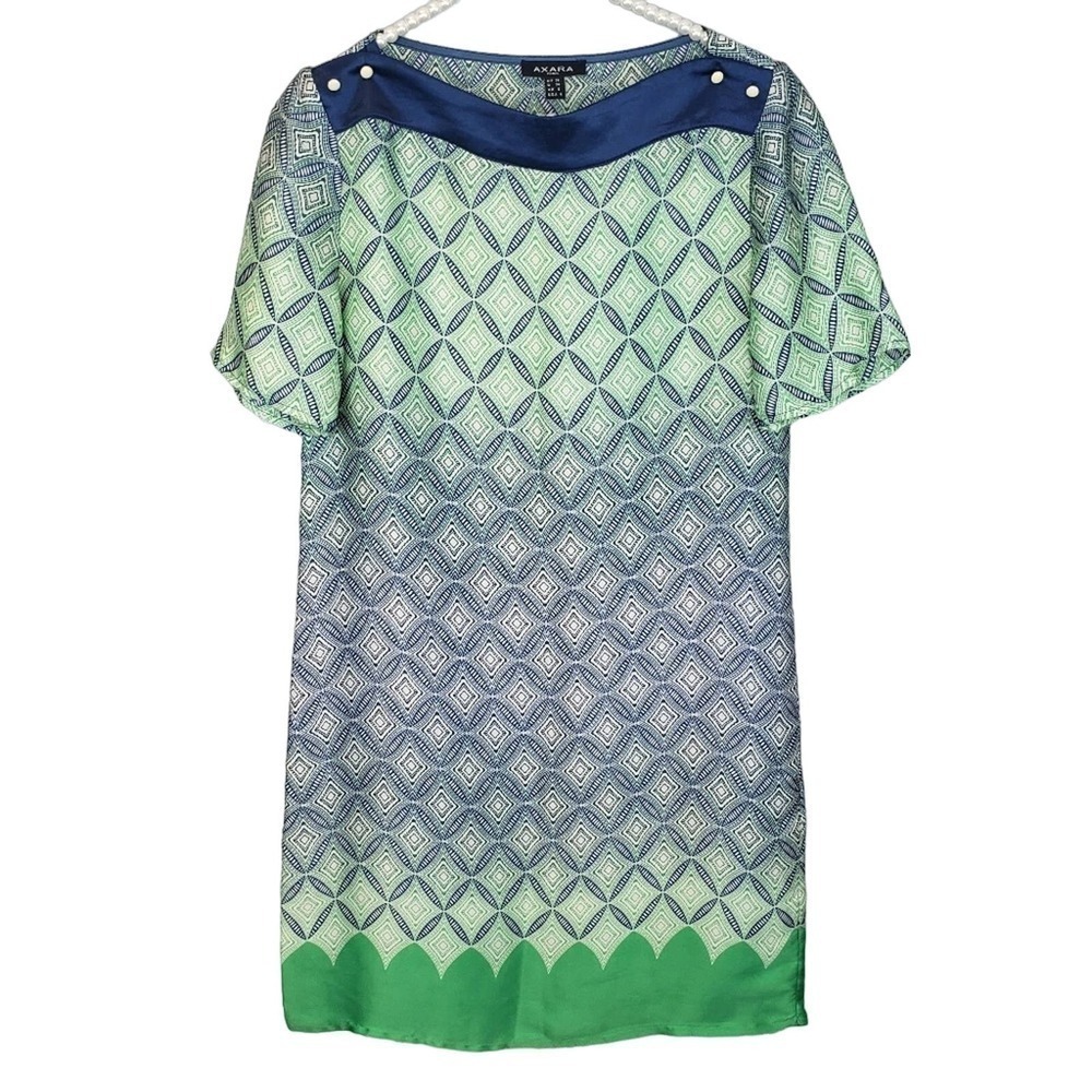 Axara Kelly Green and Navy Geometric Print Sheath Boat Neck Dress‎ EU 36